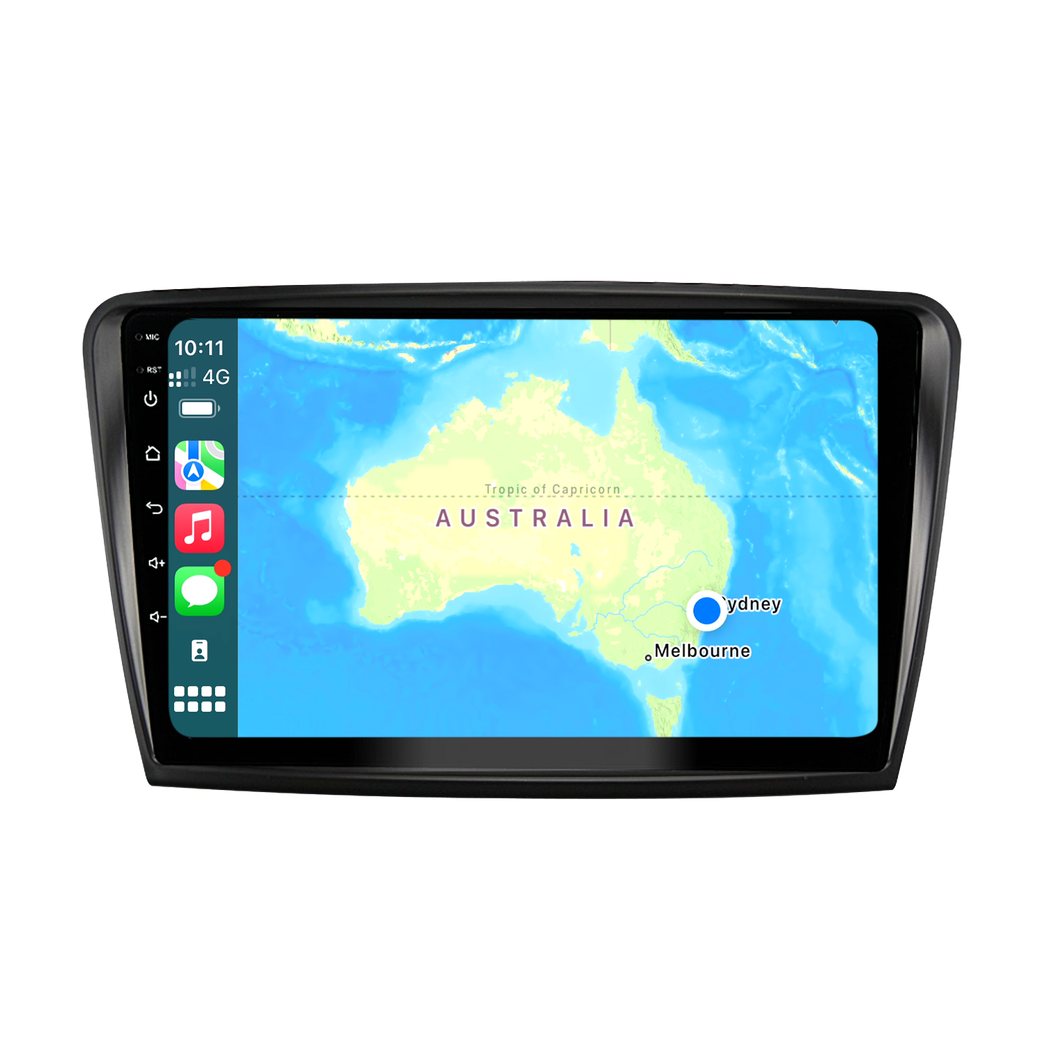 An in-car display screen showing the Apple CarPlay interface with various apps like Phone, Music, Maps, Messages, Now Playing, Car, Podcasts, and Audiobooks. The display shows 4G connectivity, time, and other control icons on the left side. Right hand side shows the Map Display, a car head unit screen displaying a map of Australia with marked locations of Sydney and Melbourne, featuring Apple CarPlay icons on the left side and 4G connectivity with the time displayed at the top.