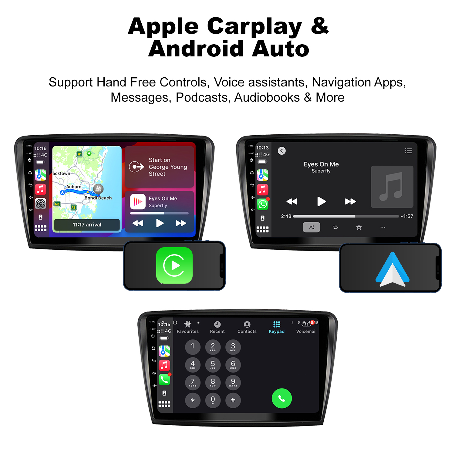 A photo highlights the feature of this upgrade kit. A message, "Support hands-free controls, voice assistants, navigation apps, messages, podcasts, audiobooks, & more," is placed under the title "Apple CarPlay & Android Auto."
